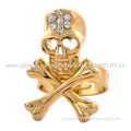 Real Gold-plated Skull Rings, Made of Alloy and Rhinestones, Lead- and Nickel-free